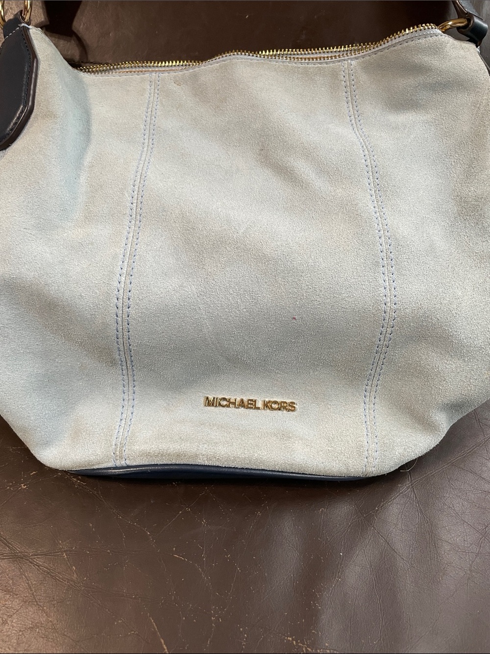 Michael Kors Light Blue Suede Leather Messenger Bag with Gold Hardware
